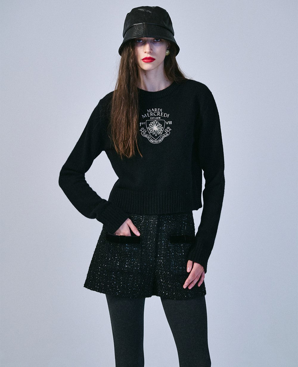 Mardi Mercredi โข Cashmere Cropped Pullover Alumni Small Emblem (Black Beige)