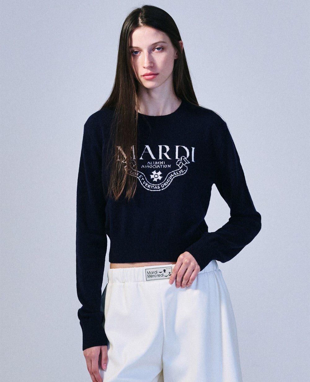Mardi Mercredi โข Cashmere Cropped Crew Neck Alumni Classique (Navy Ivory)