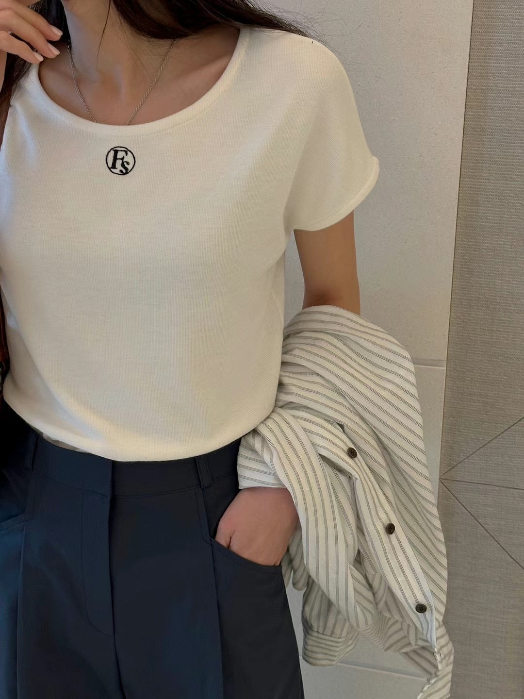 Soft Cream Mini Logo Tshirt | Cap Sleeves | Round -Neck