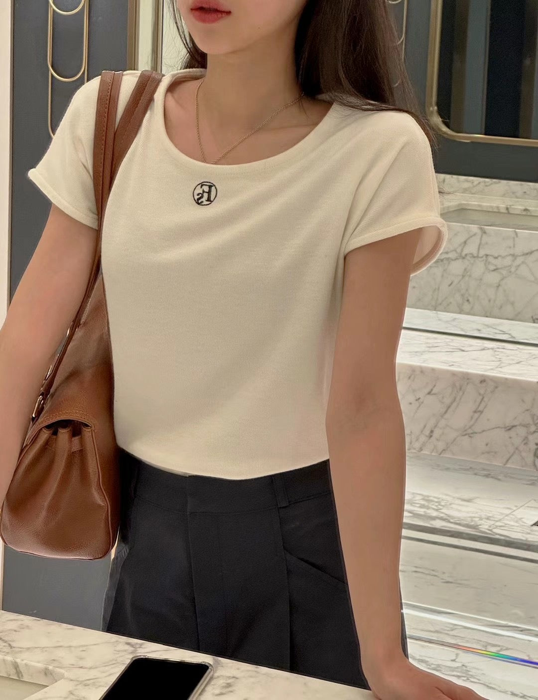 Soft Cream Mini Logo Tshirt | Cap Sleeves | Round -Neck