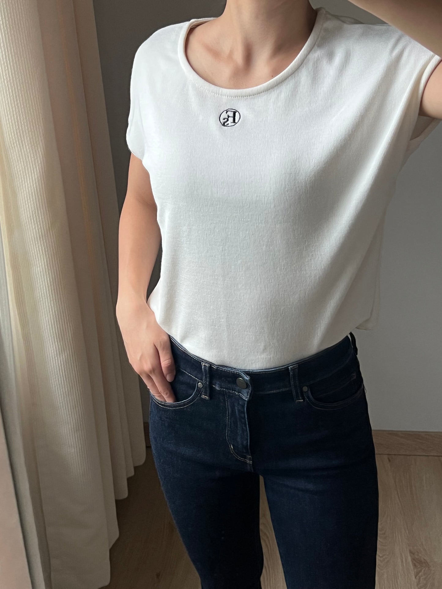 Soft Cream Mini Logo Tshirt | Cap Sleeves | Round -Neck