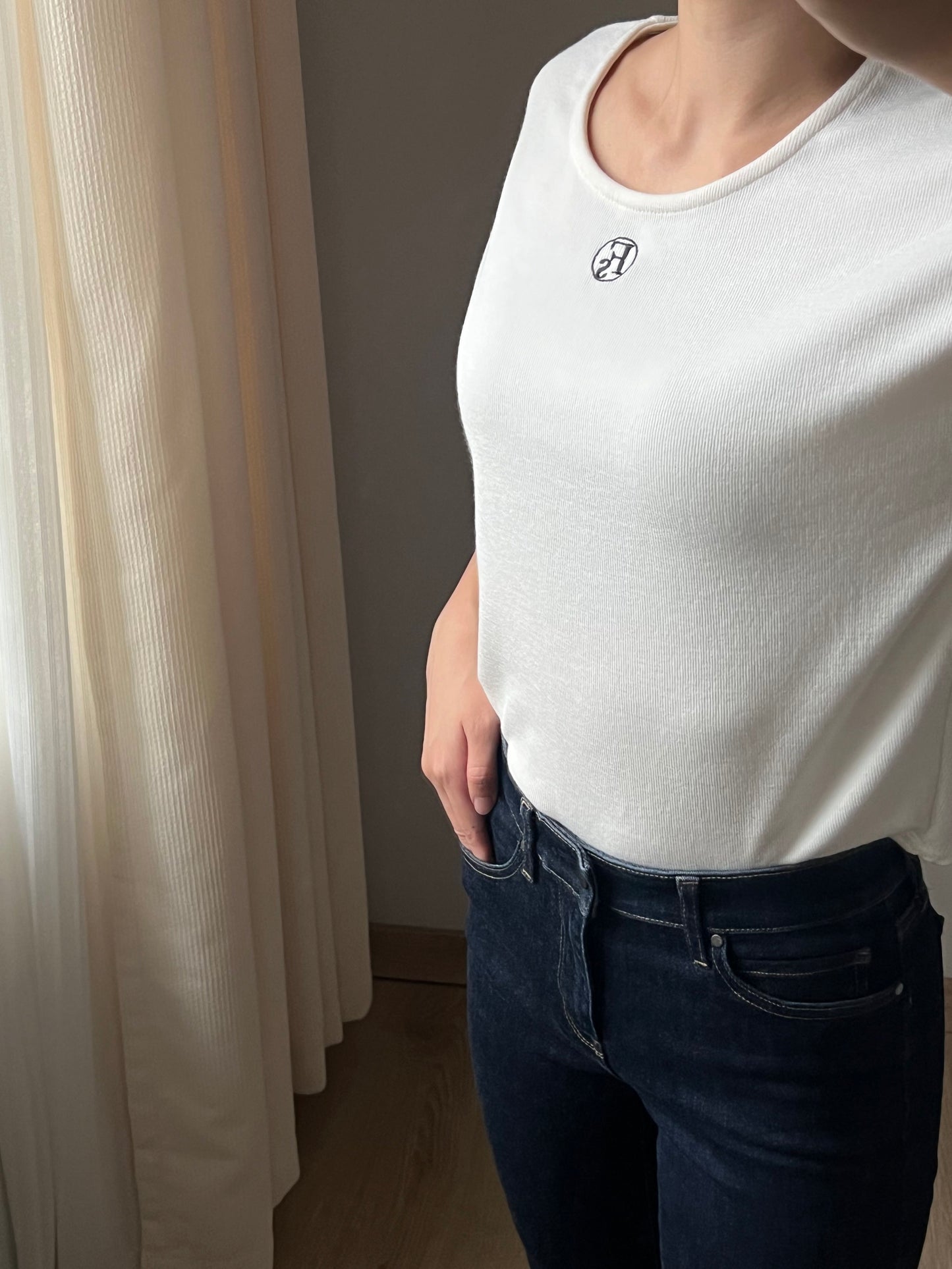 Soft Cream Mini Logo Tshirt | Cap Sleeves | Round -Neck