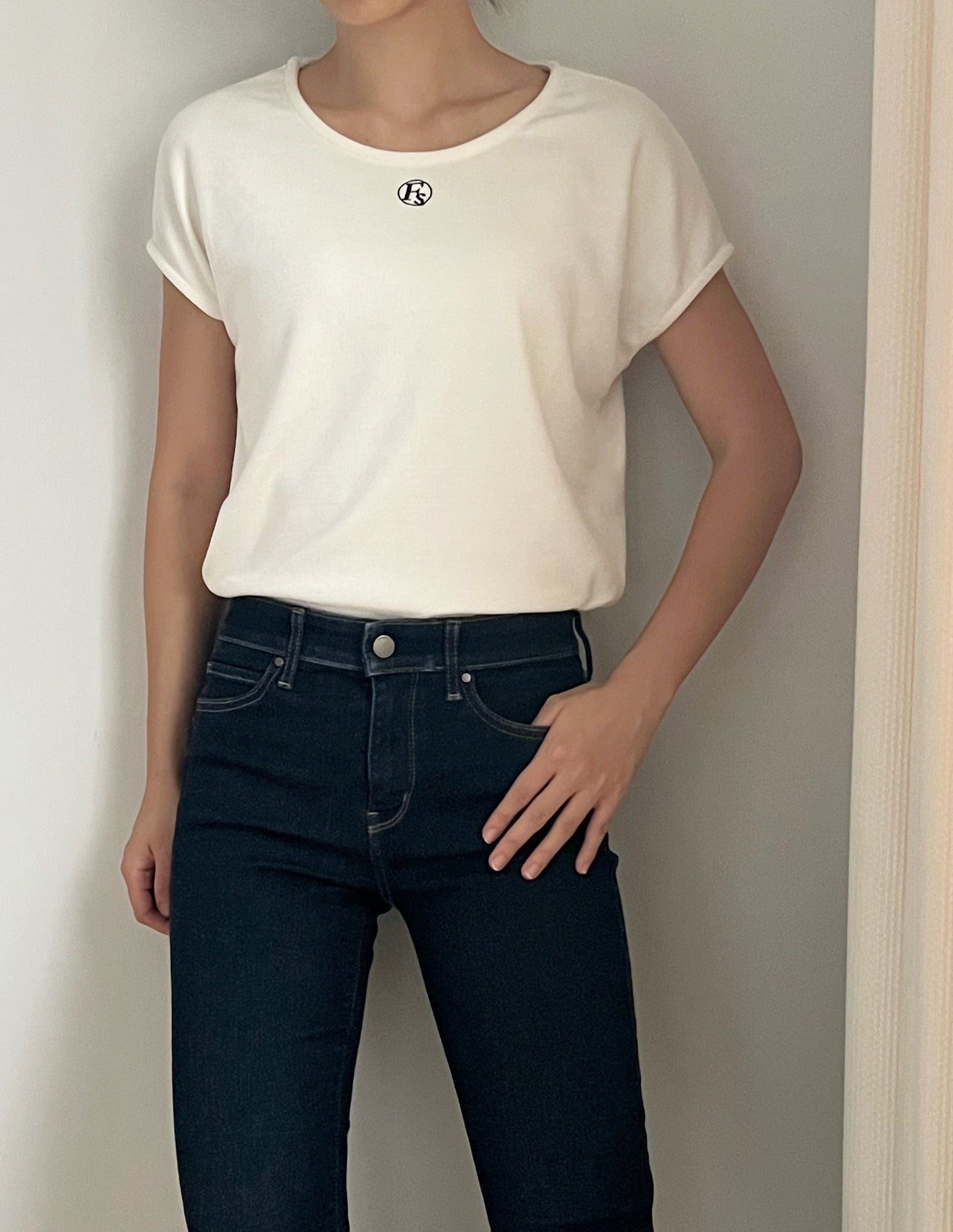 Soft Cream Mini Logo Tshirt | Cap Sleeves | Round -Neck