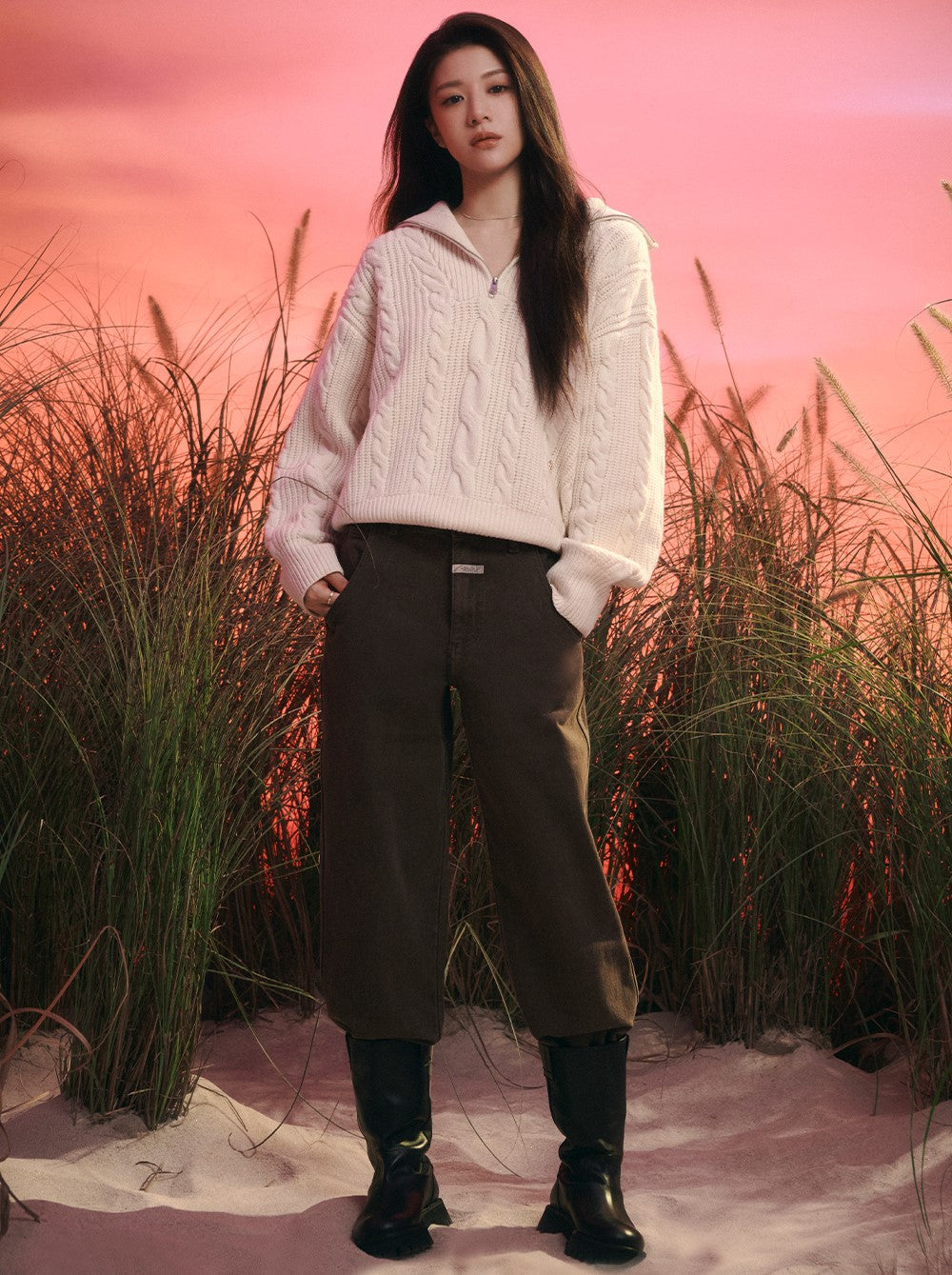 Marithe Francois Girbaud โข W Cable Half Zipup Pullover Knit (Ivory)