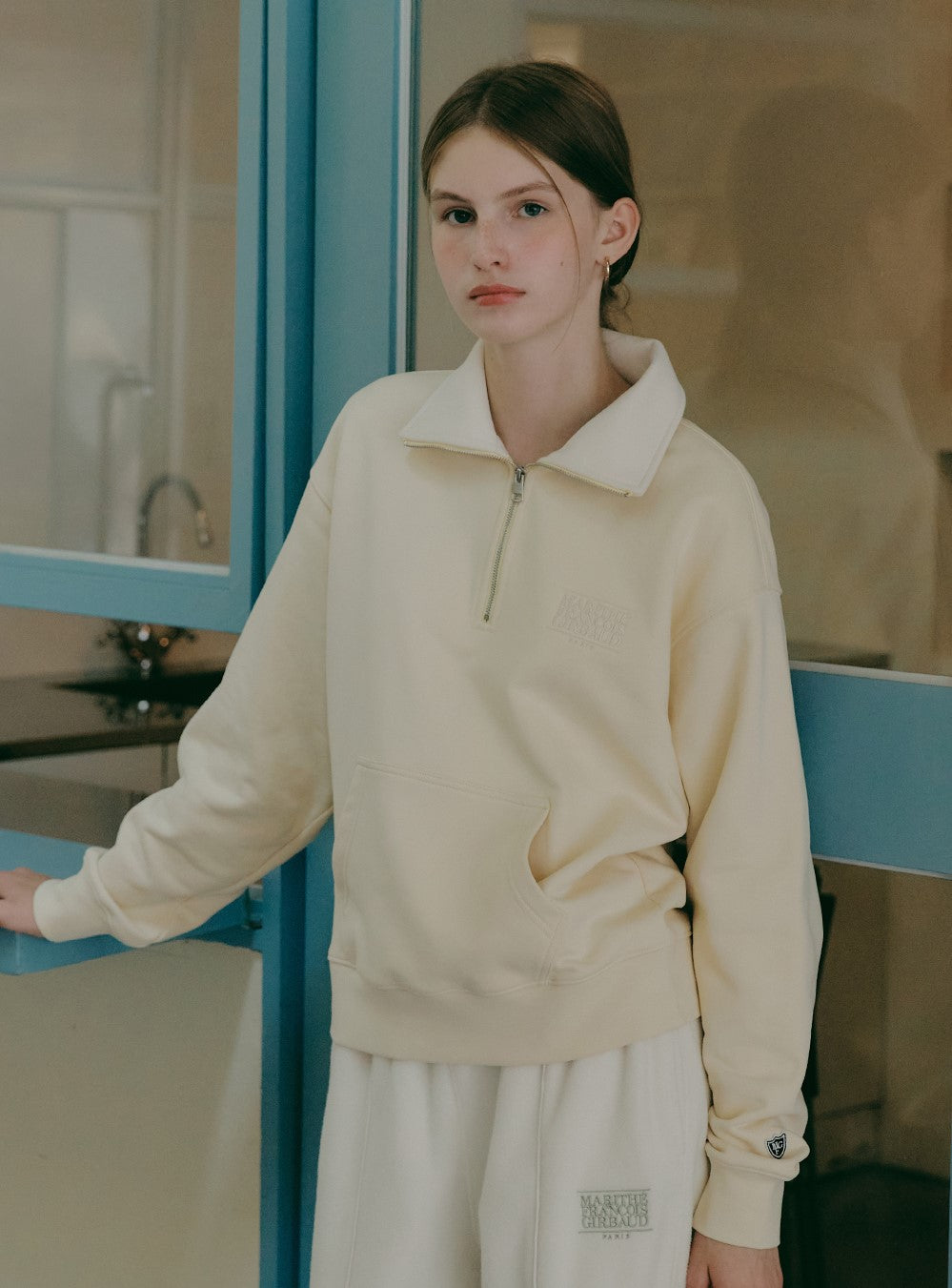 Marithe Francois Girbaud โข Mouvement Classic Logo Half Zipup Sweatshirt (Light Yellow)