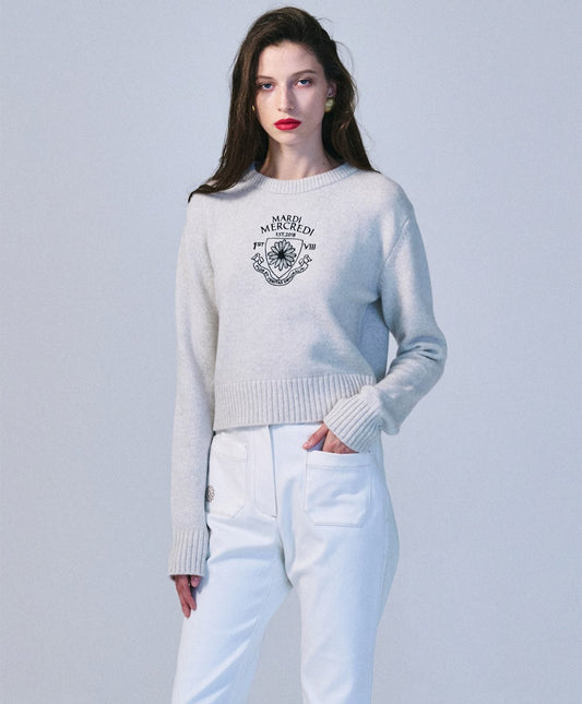 Mardi Mercredi • Cashmere Cropped Pullover Alumni Small Emblem (White Black)