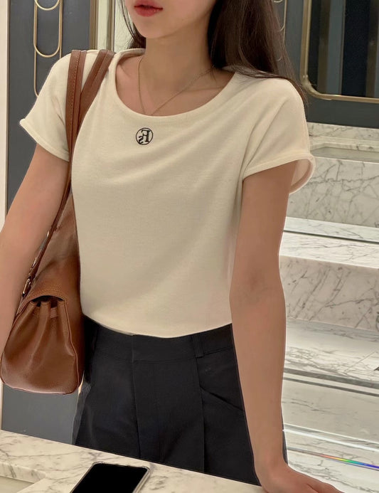 Soft Cream Mini Logo Tshirt  | Cap Sleeves | Round -Neck