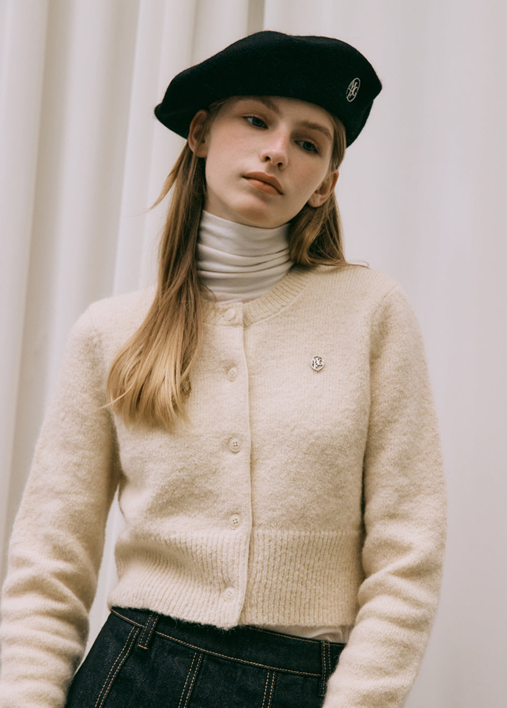 Marithe Francois Girbaud • W Circle Logo Mohair Crop Cardigan (Ivory)